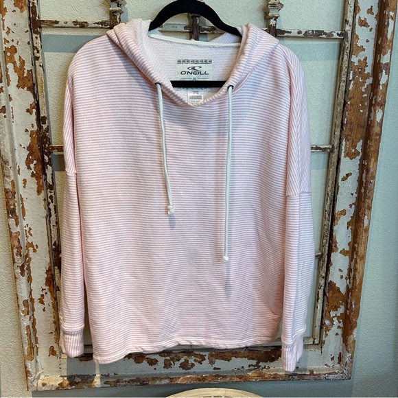 O'Neill Women's Hoodie Size X L Pink Striped 100% Cotton Pullover Long Sleeve - Picture 1 of 8